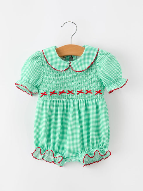 christmas-girls-green-plaid-smocked-bow-bubble-romper-sophias-styleRomper-1