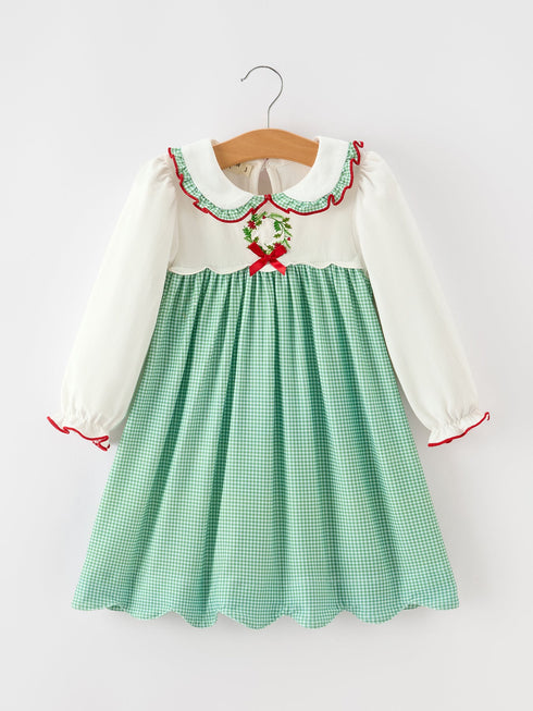 girls-christmas-green-plaid-embroidered-long-sleeve-dress-sophias-styleDress-1