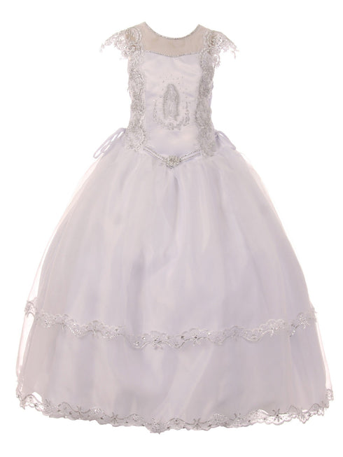 Big Girls White Illusion Neck Embroidered Satin Organza Communion Dress 7-20 - SophiasStyle.com