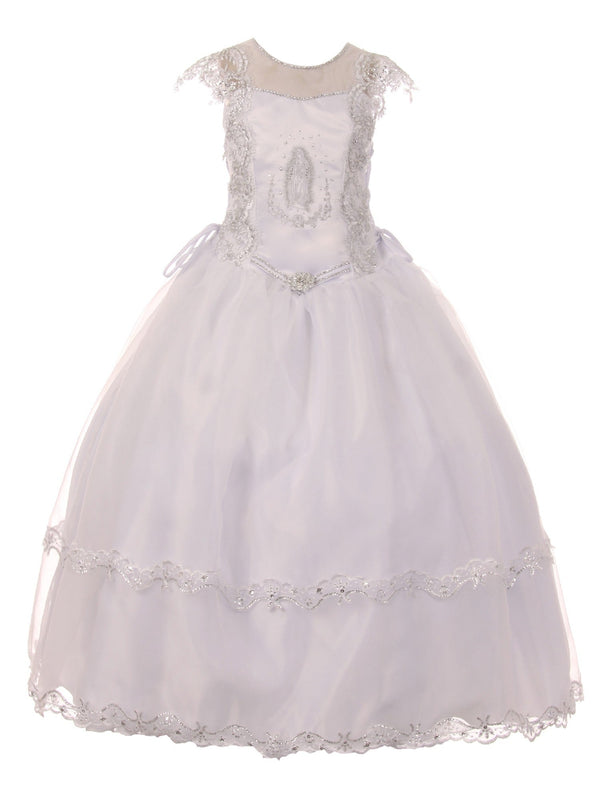 Big Girls White Illusion Neck Embroidered Satin Organza Communion Dress 7-20 - SophiasStyle.com