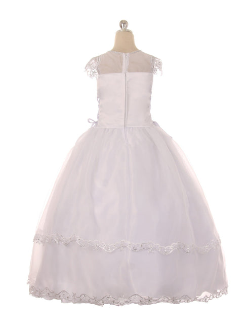 Big Girls White Illusion Neck Embroidered Satin Organza Communion Dress 7-20 - SophiasStyle.com