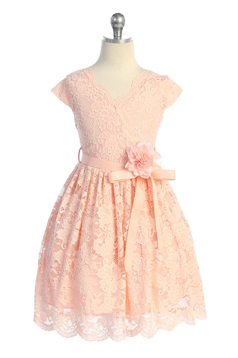 Vestido de ocasión especial de encaje elástico con borde de flores amarillas para niñas grandes 8-14
