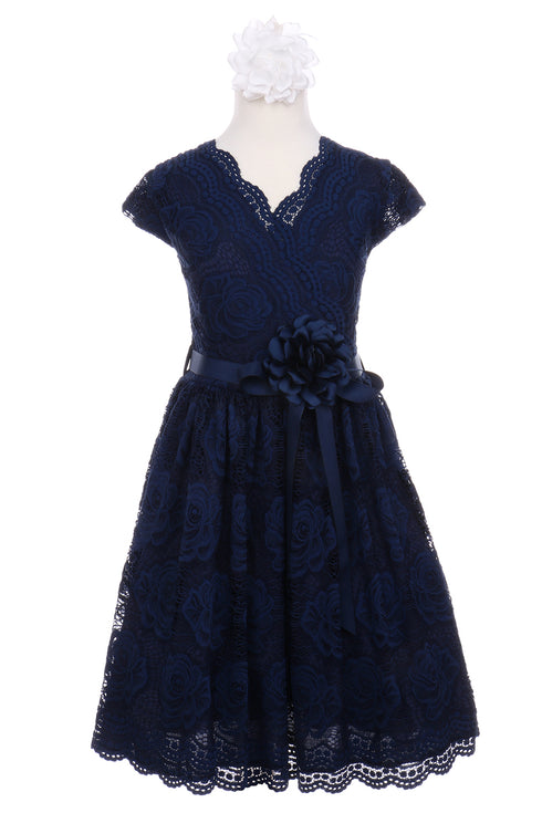 Vestido de ocasión especial de encaje elástico con borde de flores amarillas para niñas grandes 8-14