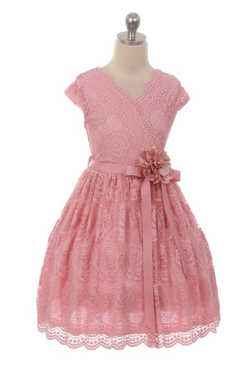 Vestido de ocasión especial de encaje elástico con borde de flores amarillas para niñas grandes 8-14