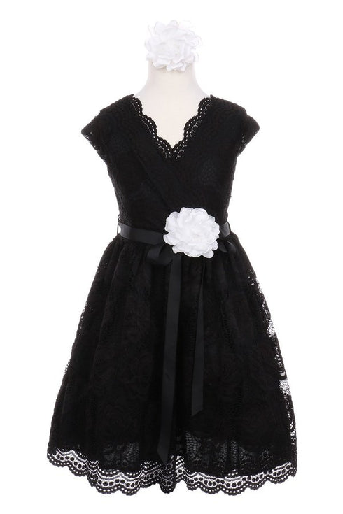Vestido de ocasión especial de encaje elástico con borde de flores amarillas para niñas grandes 8-14