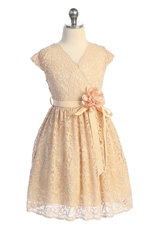 Vestido de ocasión especial de encaje elástico con borde de flores amarillas para niñas grandes 8-14