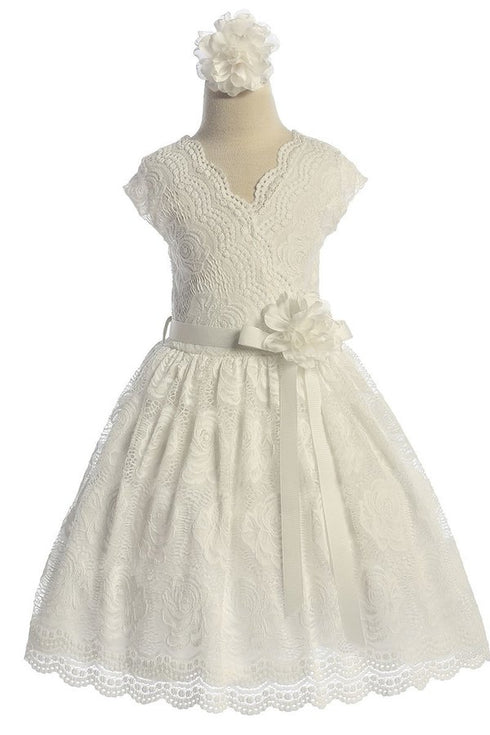 Vestido de ocasión especial de encaje elástico con borde de flores amarillas para niñas grandes 8-14
