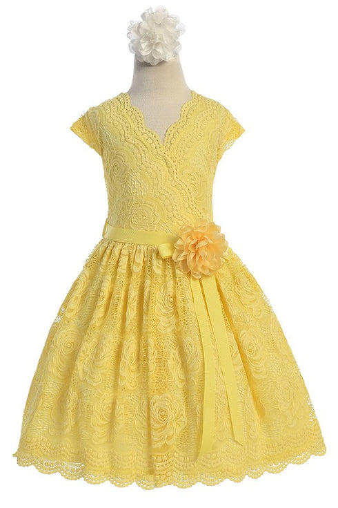 Vestido de ocasión especial de encaje elástico con borde de flores amarillas para niñas grandes 8-14