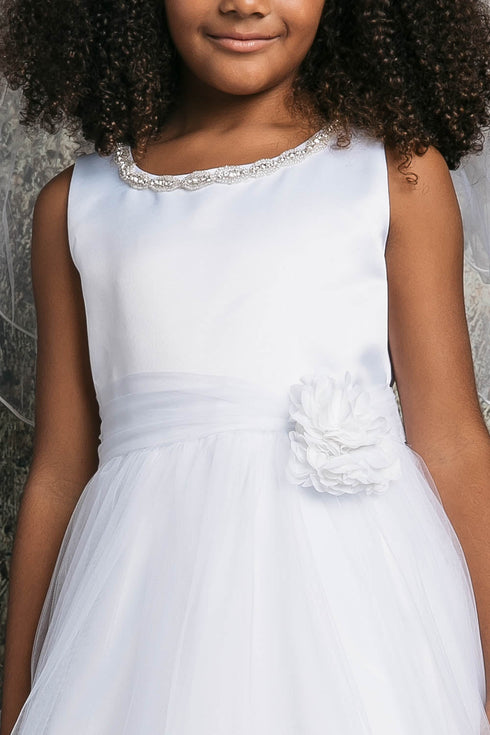 Petite Adele Girls White Rhinestone Neckline Satin Tulle Communion Dress 8-16 - SophiasStyle.com
