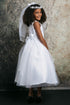 Petite Adele Girls White Rhinestone Neckline Satin Tulle Communion Dress 8-16 - SophiasStyle.com