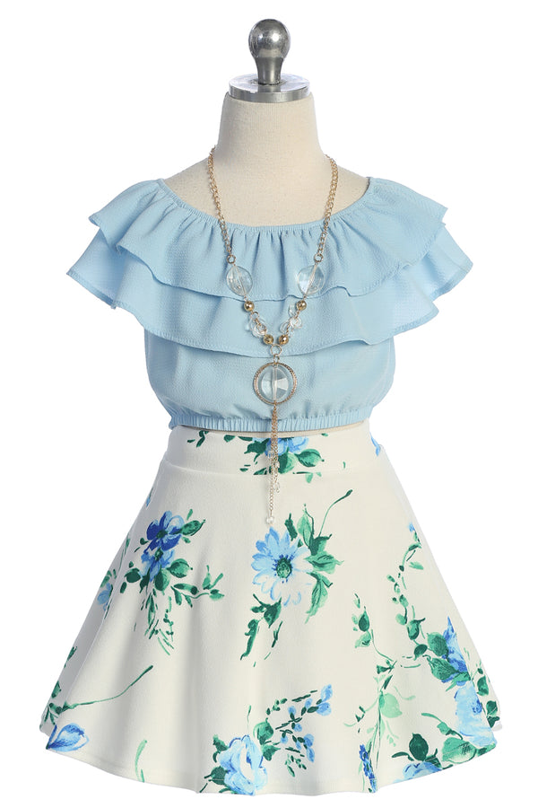 Girls Ruffled Floral 2 Pc Necklace Skirt Set, Sizes 4-14