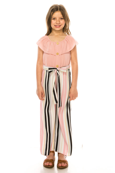 Girls Ruffle Off Shoulder Rose Striped Jumpsuit with Bow Tie, Sizes 4-14 - SophiasStyle.com