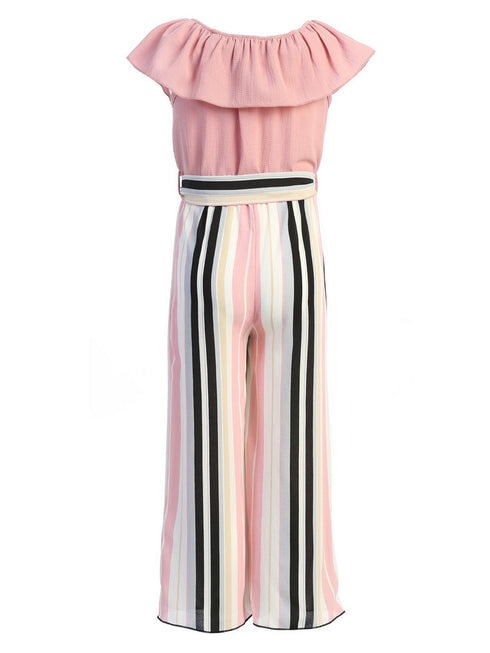 Just Kids Girls Ruffle Off Shoulder Rose Striped Jumpsuit with Bow Tie, Sizes 4-14 - SophiasStyle.com
