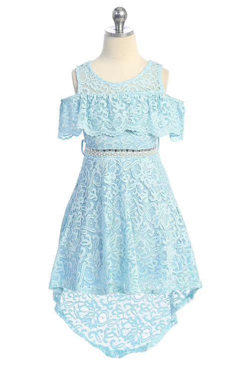 Girls High-Low Floral Lace Overlay Flower Girl Dress 4-14