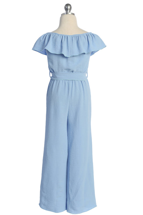 Girls Off-Shoulder Ruffle Jumpsuit with Waist Tie and Necklace, Sizes 4-14