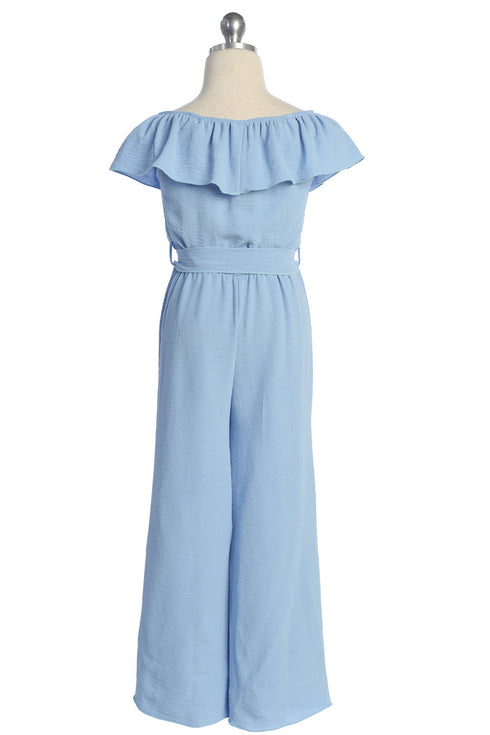 Girls Off-Shoulder Ruffle Jumpsuit with Waist Tie and Necklace, Sizes 4-14