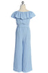 Girls Off-Shoulder Ruffle Jumpsuit with Waist Tie and Necklace, Sizes 4-14