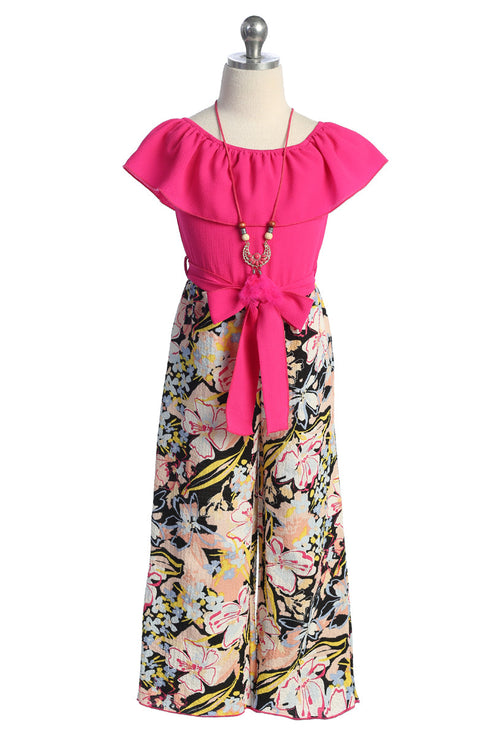 Girls Off-Shoulder Ruffle Jumpsuit with Waist Tie and Necklace, Sizes 4-14