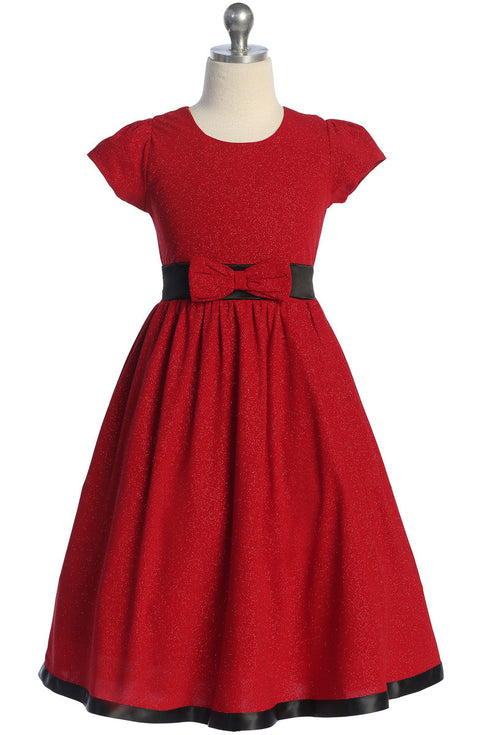 Girls Contrast Waistline Holiday Dress with Bow 4-14