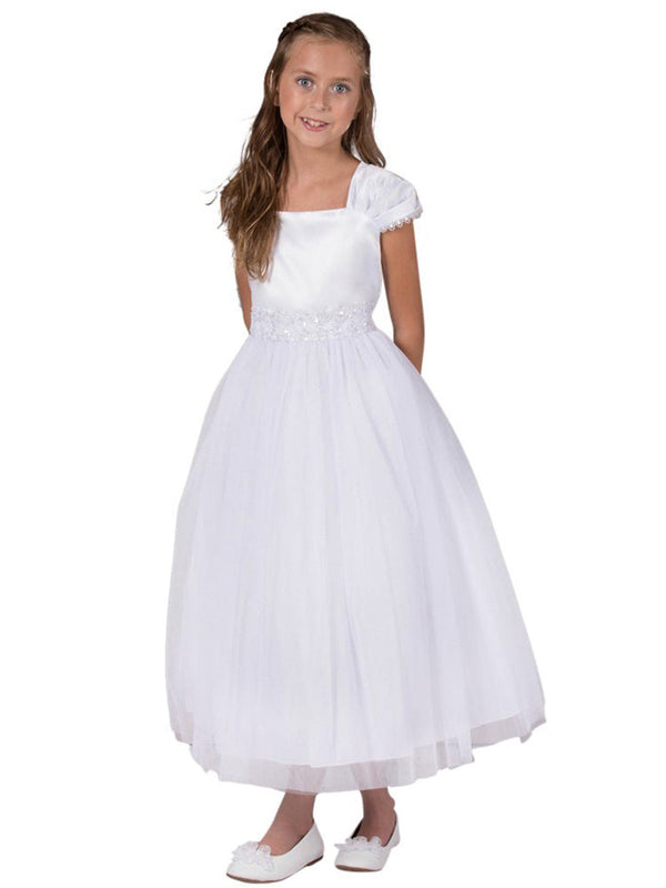 Kids Dream Big Girls White Satin Mesh Lace Beadwork Communion Dress 8-16 - SophiasStyle.com
