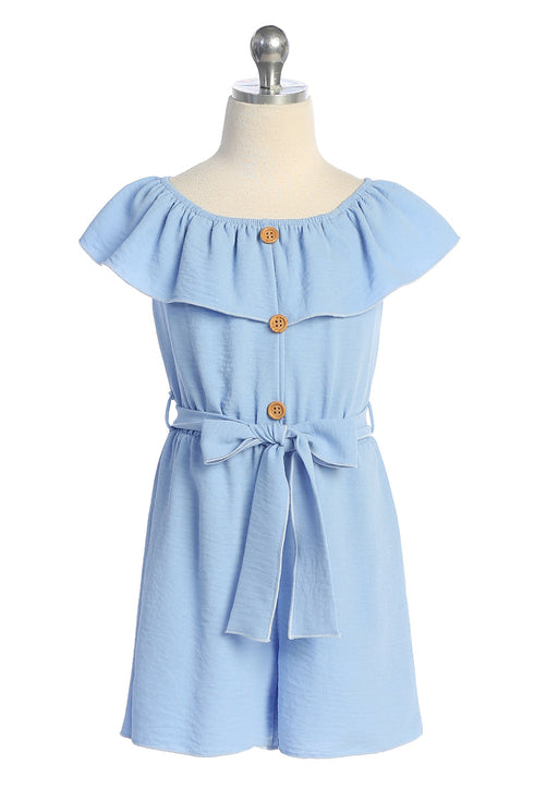 Girls Ruffle-Trim Buttoned Romper with Waist Tie, Sizes 4-14