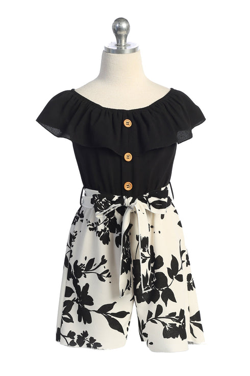 Girls Ruffle-Trim Buttoned Romper with Waist Tie, Sizes 4-14