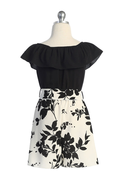 Girls Ruffle-Trim Buttoned Romper with Waist Tie, Sizes 4-14