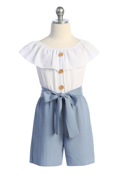 Girls Ruffle-Trim Buttoned Romper with Waist Tie, Sizes 4-14