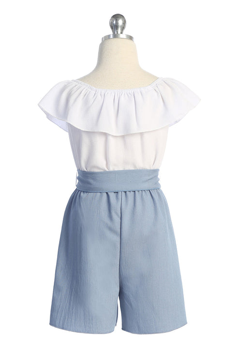 Girls Ruffle-Trim Buttoned Romper with Waist Tie, Sizes 4-14