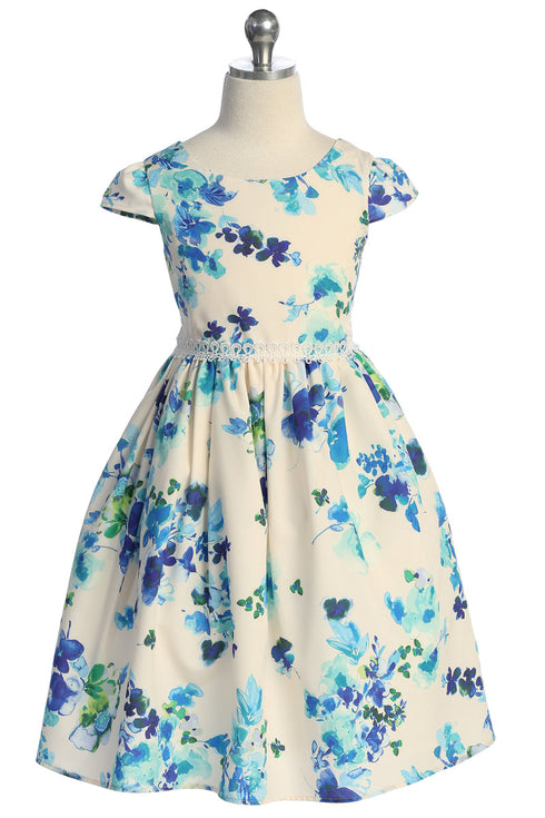 Girls Lace Trim Floral Cap Sleeve Dress 2-14