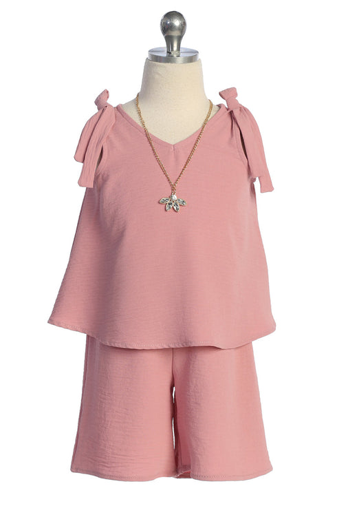 Girls Bow-Shoulder Top and Shorts Necklace Outfit Set, Sizes 4-14