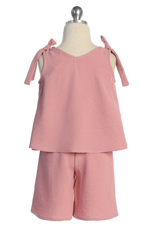 Girls Bow-Shoulder Top and Shorts Necklace Outfit Set, Sizes 4-14