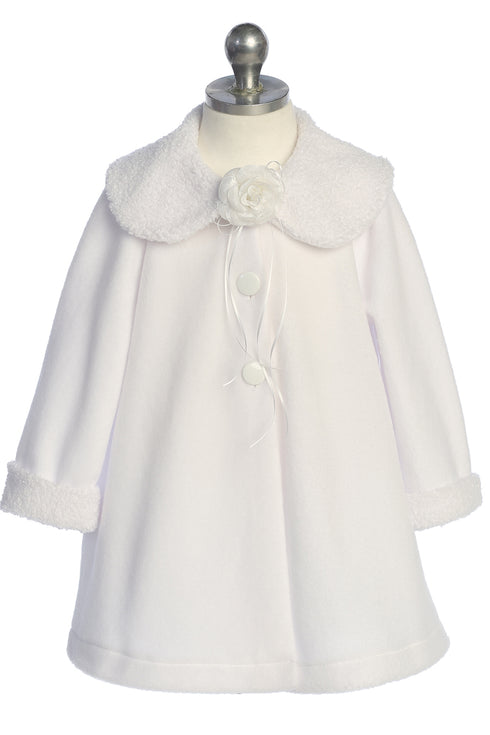 Elegant Baby Girls White Coat - Polapolis Fabric with Flower Decoration 6-24 Months