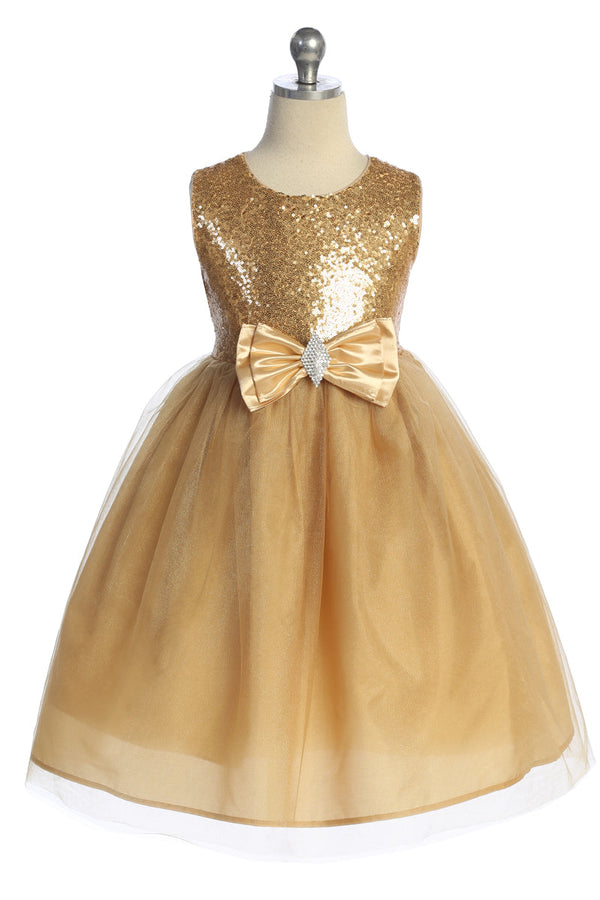 Girls Sequin Party Dress with Elegant Bow, Sizes 4-14