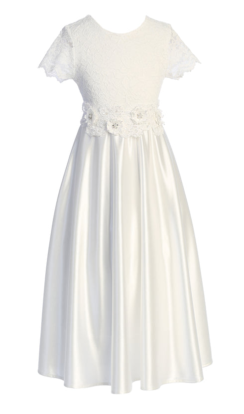 Girls White Lace First Communion Dress with Satin Skirt & Floral Waist Detail 4-16