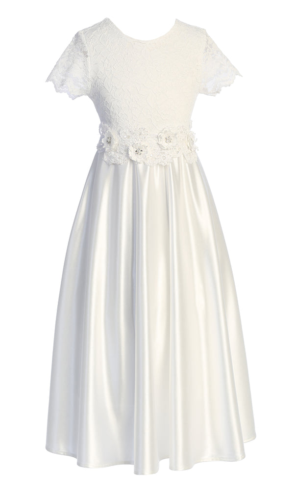 Girls White Lace First Communion Dress with Satin Skirt & Floral Waist Detail 4-16