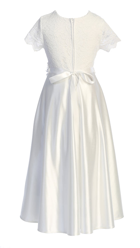 Girls White Lace First Communion Dress with Satin Skirt & Floral Waist Detail 4-16