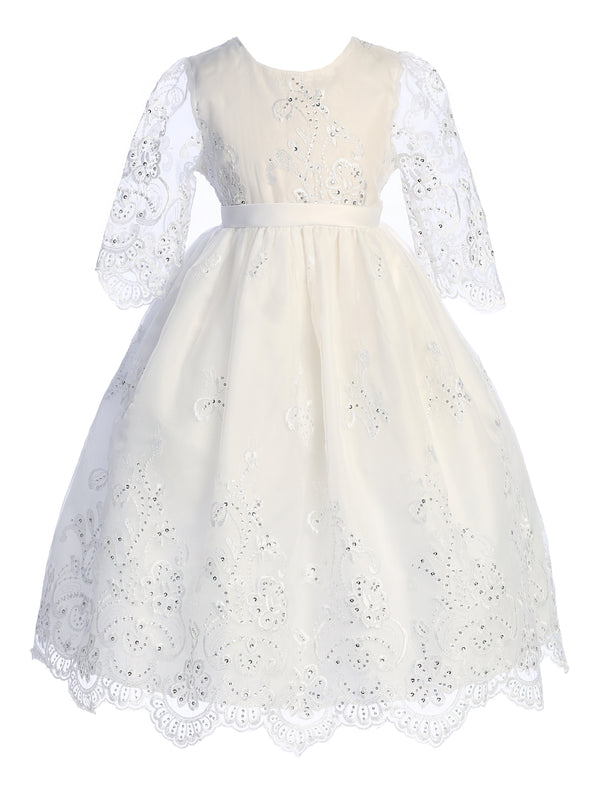 Girls White Long Sleeve Lace First Communion Dress with Embroidered Tulle Skirt 4-16