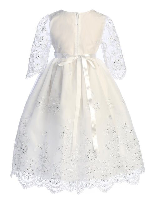Girls White Long Sleeve Lace First Communion Dress with Embroidered Tulle Skirt 4-16