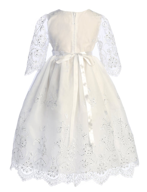 Girls White Long Sleeve Lace First Communion Dress with Embroidered Tulle Skirt 4-16