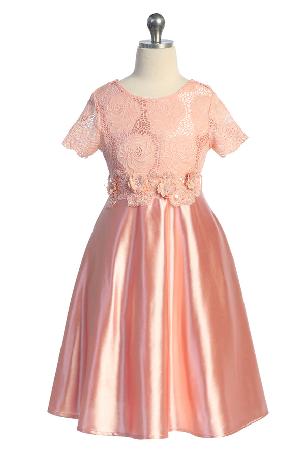 Girls Lace Party Dress with 3D Flower Belt – Short Sleeve Satin Occasion Dress 4-14