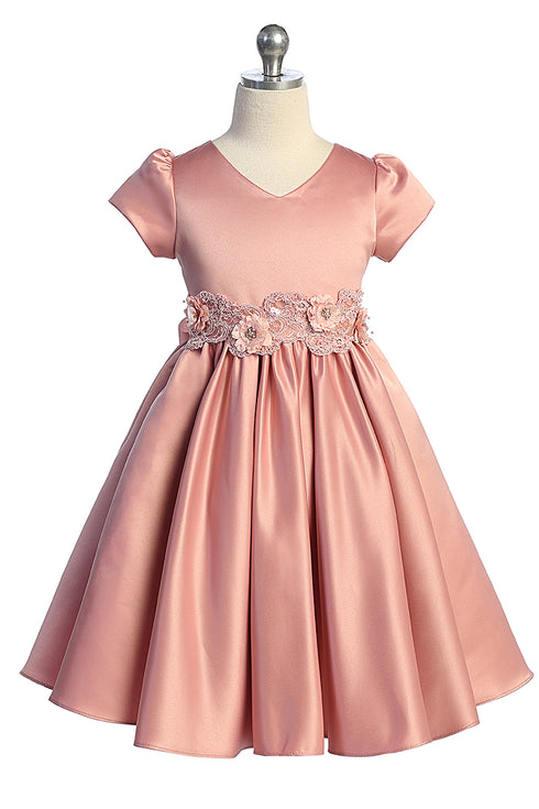 Girls Satin Special Occasion Dress with Removable 3D Floral Belt 2-16