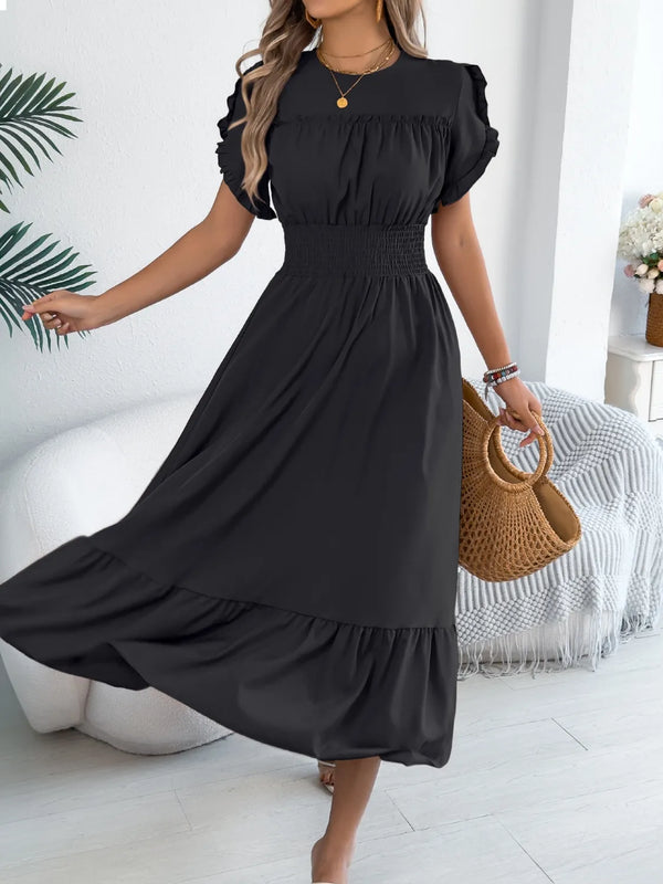 smocked-frill-round-neck-midi-dress OhSoStyled - Sophia's Style in Black-1