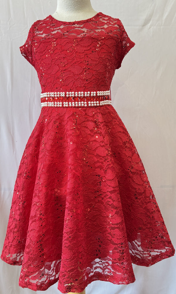 Girls Red Lace Holiday Dress with Pearls & Sequins – Elegant Party & Special Occasion Dress 4-16