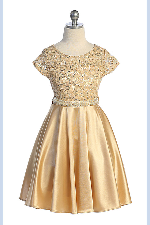 Girls Sequin Lace & Satin Pearl Belt Special Occasion Dress 2-16