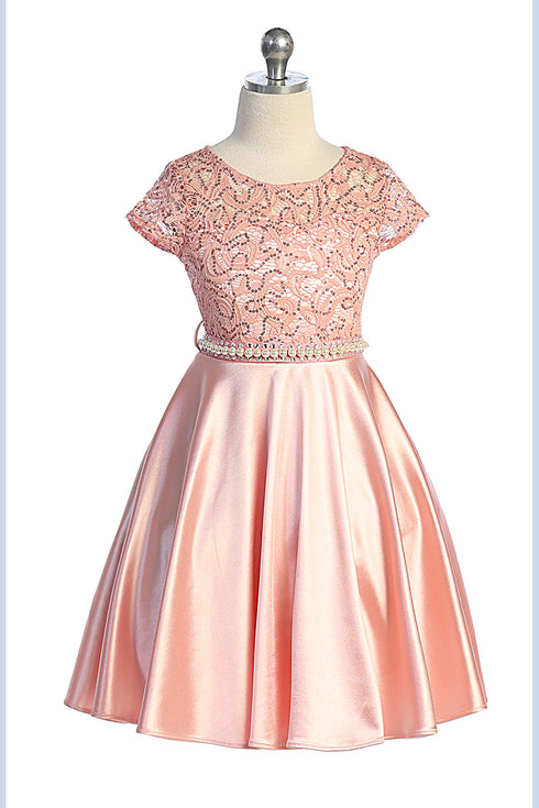 Girls Sequin Lace & Satin Pearl Belt Special Occasion Dress 2-16