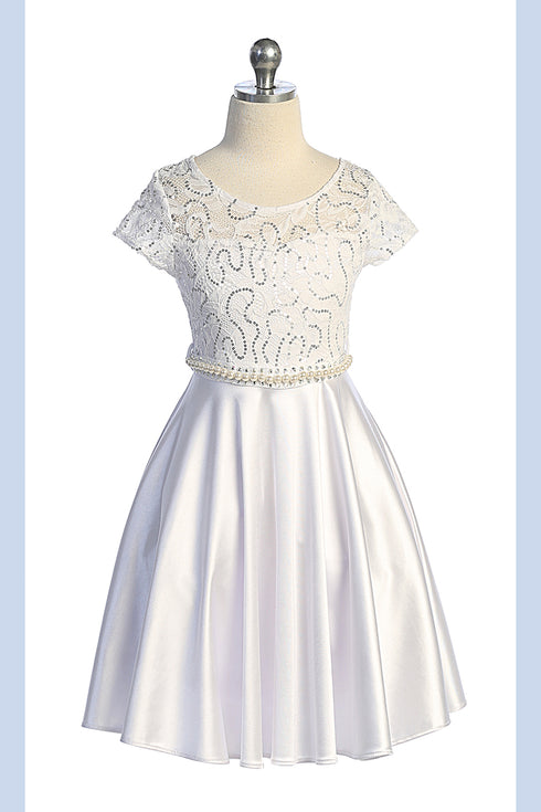 Girls Sequin Lace & Satin Pearl Belt Special Occasion Dress 2-16