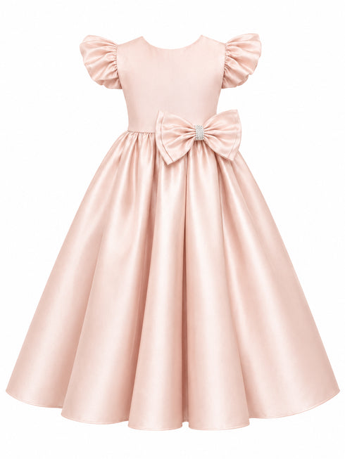 Girls Satin Special Occasion Dress with Removable Bow 2-16