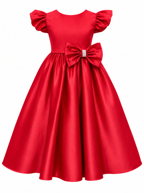 Girls Satin Special Occasion Dress with Removable Bow 2-16