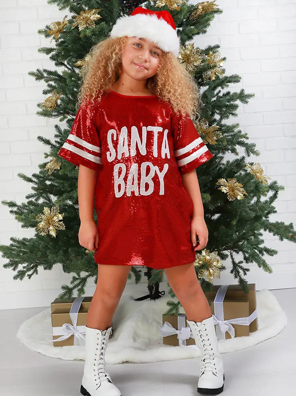 Girls Santa Baby Ruby Red Sequin Christmas Dress 12M-14